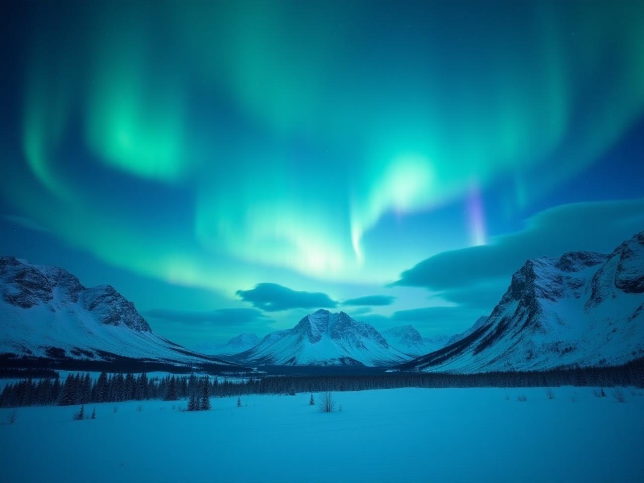 Spektakulært nordlys over nordnorsk landskap om vinteren