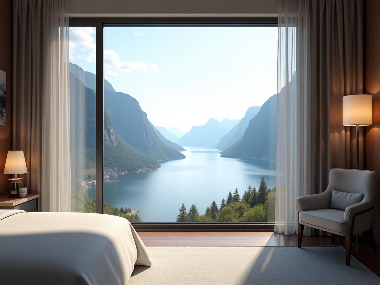 Luksuriøst hotellrom med panoramautsikt over norsk fjord